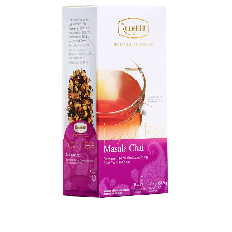 Packshot_MasalaChai_23100 Joy of Tea Masala Chai black tea spice blend 15 tea bags (caddy) 64,5g